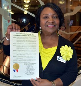 Adrienne McMillian with the Department of Human Services received a Proclamation for her retirement on Thursday, June 28.