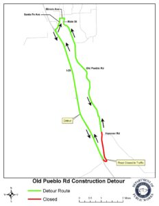 A map that shows the detour route of old pueblo road closure